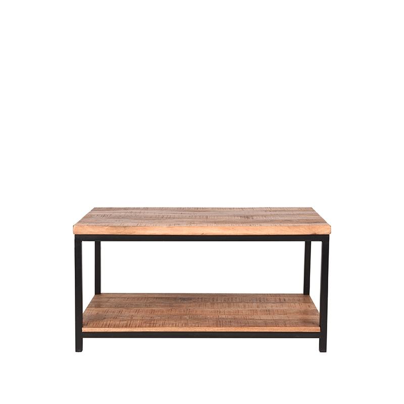 Table de salon vintage rectangulaire en bois de manguier et en métal noir.