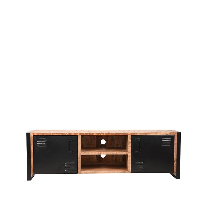 Meuble TV design en bois de manguier et en métal noir.