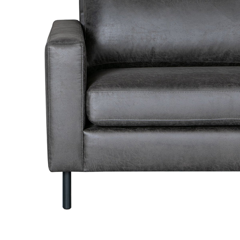 Sofa 3 places en tissu avec quatre pieds en métal noir.