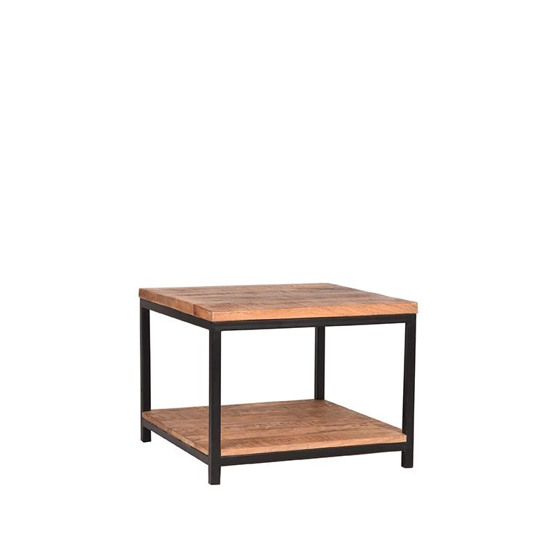 Table basse vintage carrée en bois de manguier et en métal noir.