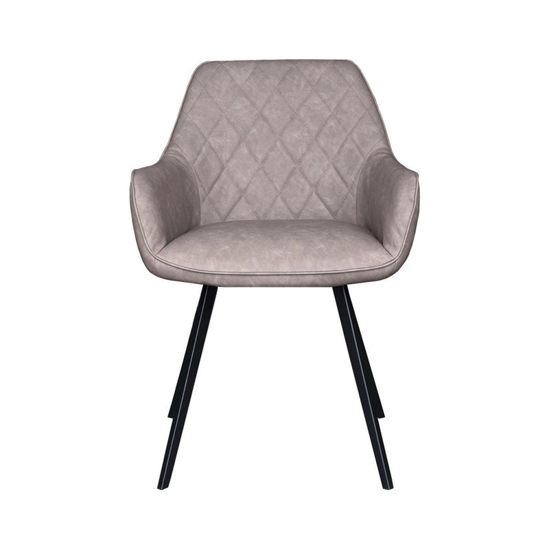 Chaise en simili-cuir gris avec une structure métallique noire robuste. 