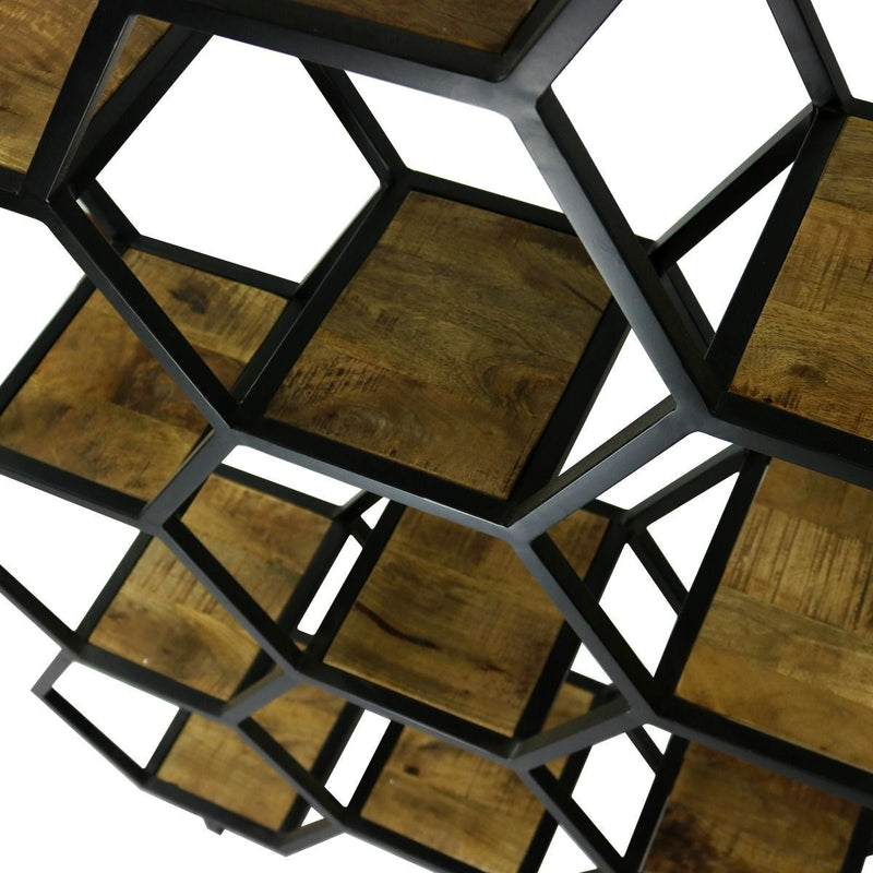 Étagère hexagonale en bois de manguier et en acier robuste.