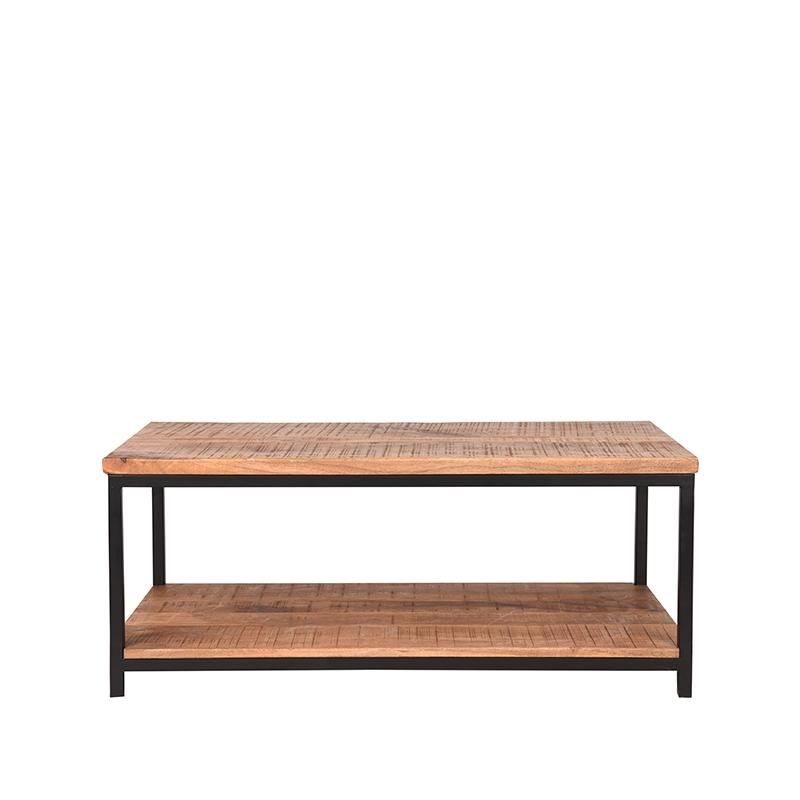 Table basse vintage en bois de manguier et en métal noir.