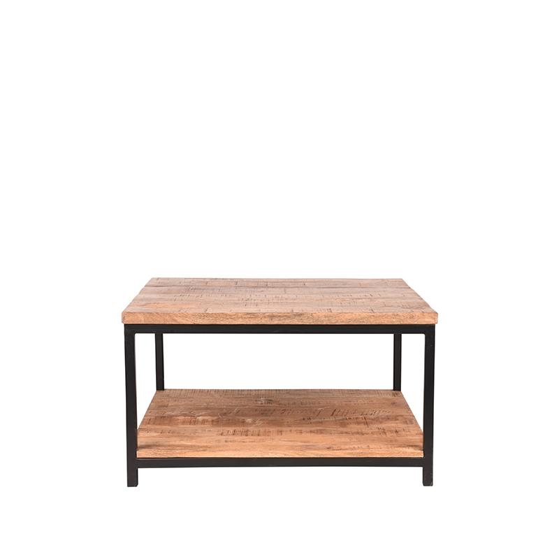 Table de salon vintage en bois de manguier et en métal noir.